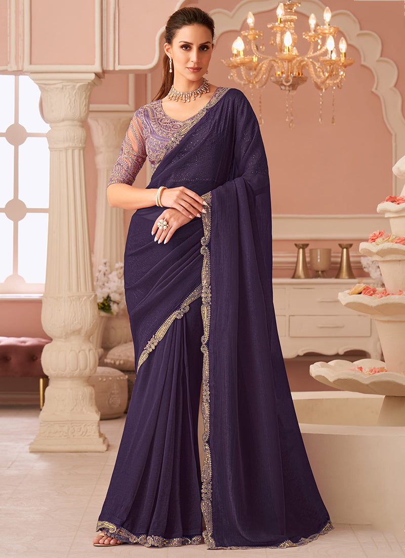 Georgette Purple Saree with Border Work for Festival Wear 381872