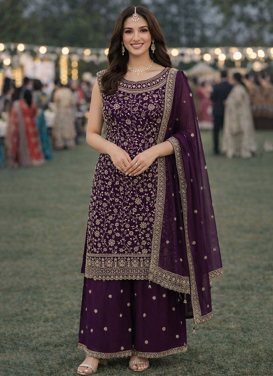 Purple Georgette Sequins Work  Festival Wear Readymade Plazzo Suit SW114063