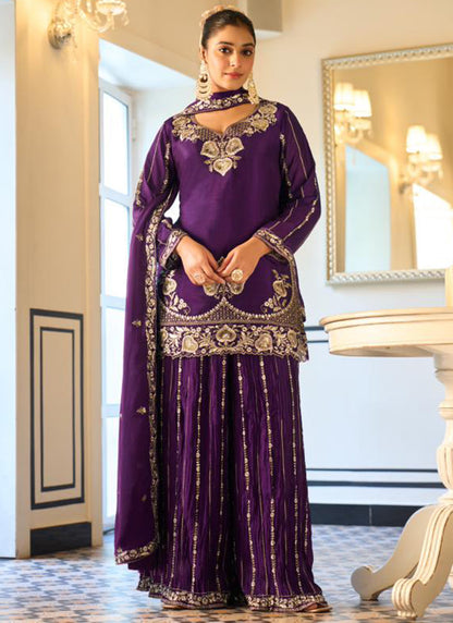 Purple Georgette Embroidery Work Occasional Wear Readymade Plazzo Suit SW443574