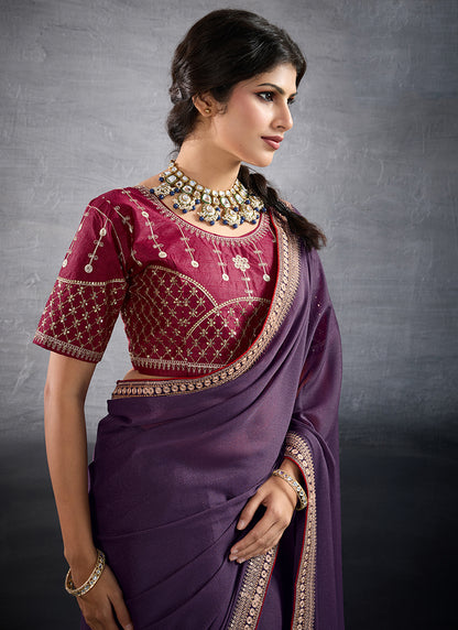 Georgette Purple Party Wear Embroidery Work Saree 385558