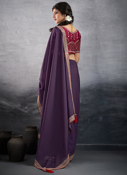 Georgette Purple Party Wear Embroidery Work Saree 385558