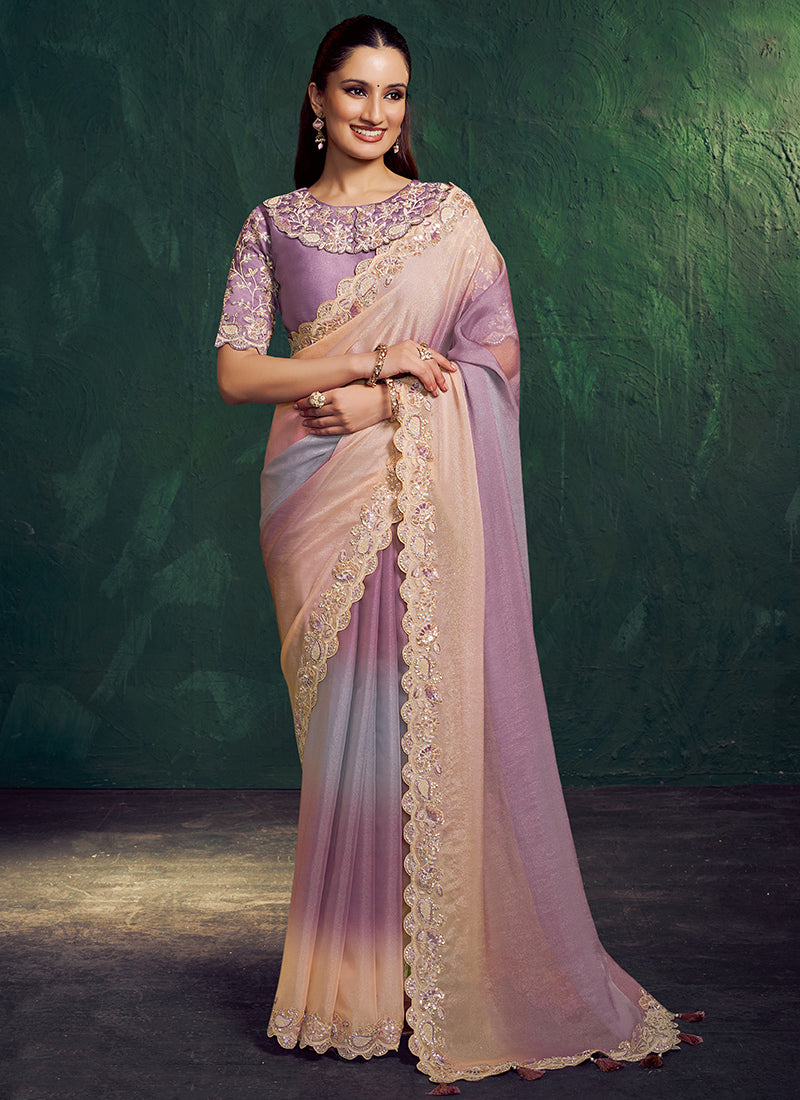 Purple Georgette Beads Work Wedding Wear Saree SW978404