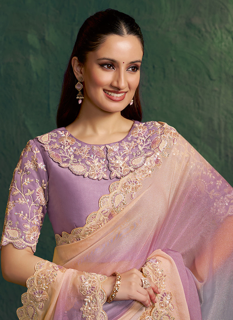 Purple Georgette Beads Work Wedding Wear Saree SW978404