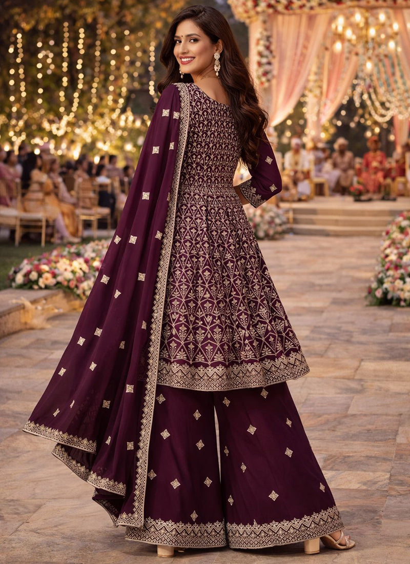 Purple Georgette Embroidery Work Wedding Wear Readymade Plazzo Suit SW294236