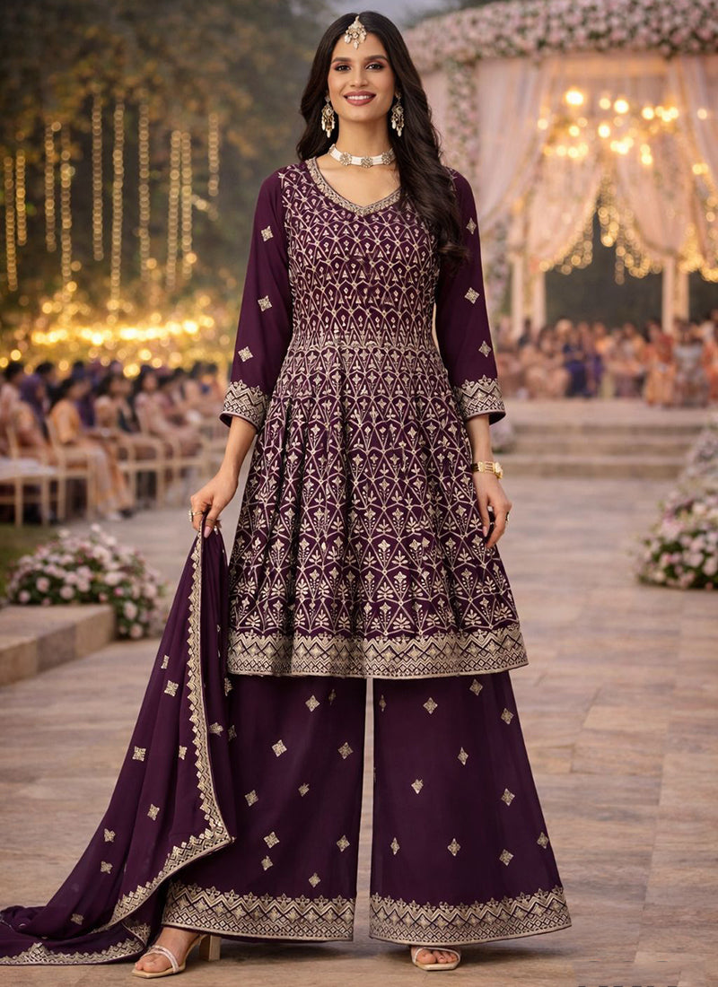 Purple Georgette Embroidery Work Wedding Wear Readymade Plazzo Suit SW294236