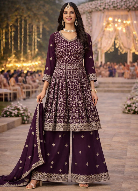 Purple Georgette Embroidery Work Wedding Wear Readymade Plazzo Suit SW294236