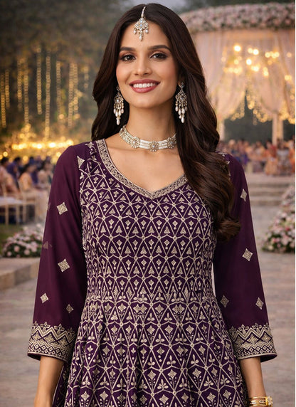 Purple Georgette Embroidery Work Wedding Wear Readymade Plazzo Suit SW294236