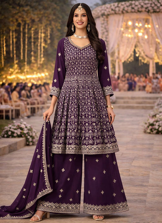 Purple Georgette Embroidery Work Wedding Wear Readymade Plazzo Suit SW722634