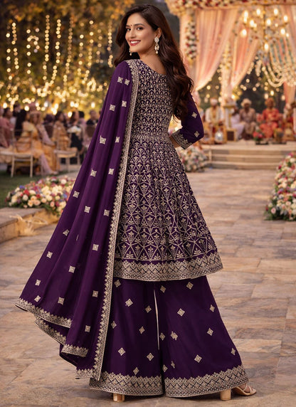 Purple Georgette Embroidery Work Wedding Wear Readymade Plazzo Suit SW722634