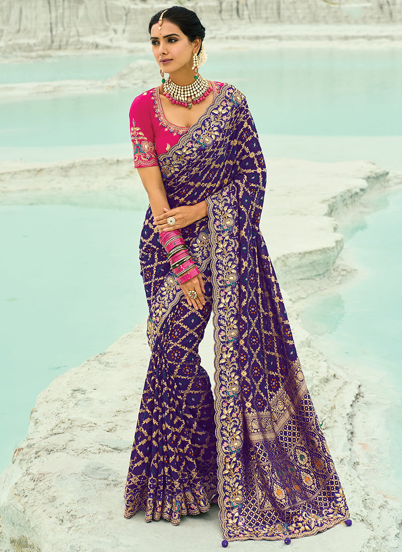 Georgette Purple Saree with Heavy Hand Work for Wedding Wear 383311