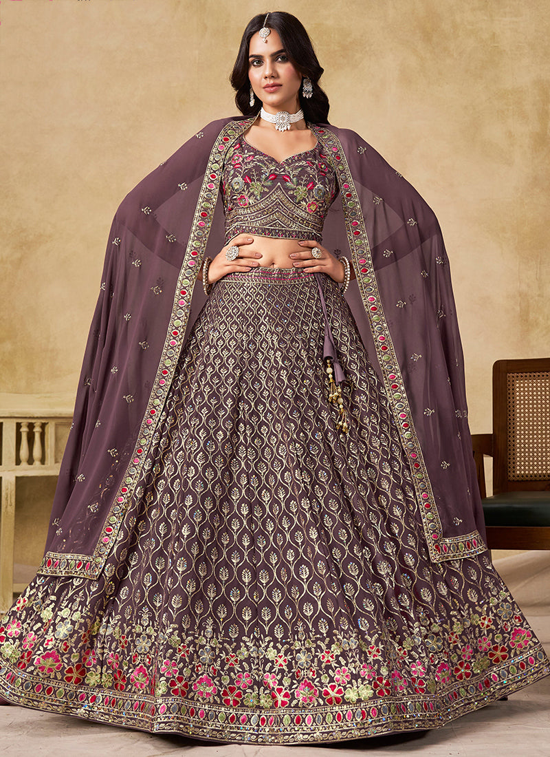 Georgette Purple Wedding Wear Thread Embroidery Work Lehenga Choli 387519