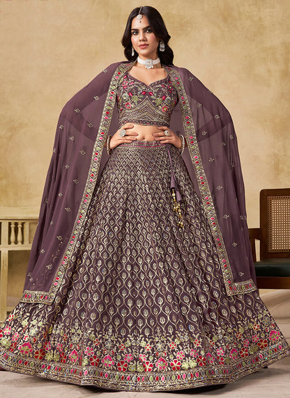 Georgette Purple Wedding Wear Thread Embroidery Work Lehenga Choli 387519
