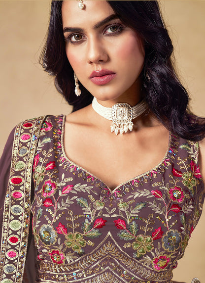 Georgette Purple Wedding Wear Thread Embroidery Work Lehenga Choli 387519