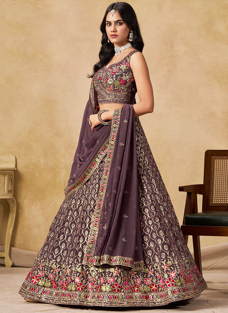 Georgette Purple Wedding Wear Thread Embroidery Work Lehenga Choli 387519