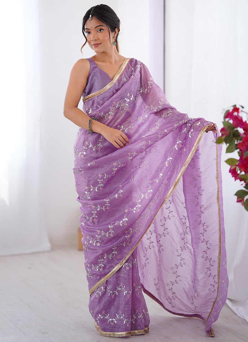 Gold Crush Purple Designer Saree with Thread Embroidery Work 383695