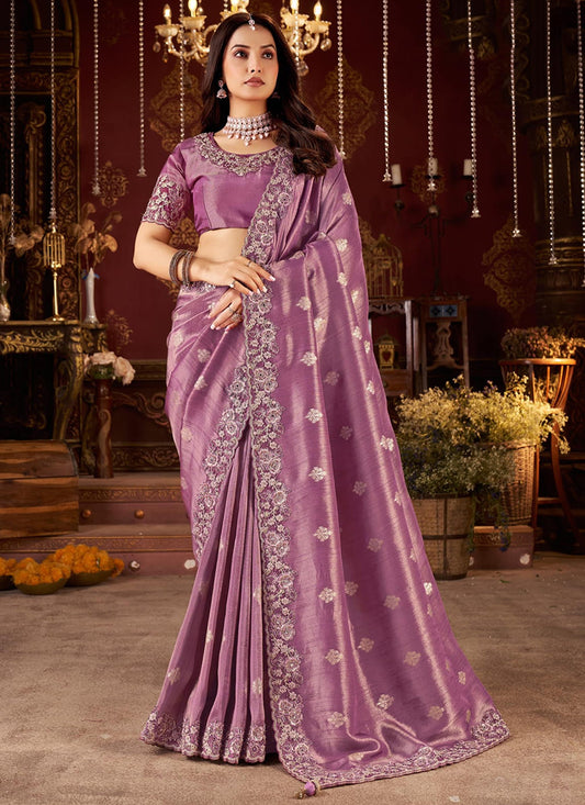 Jacquard Tissue Silk Purple Wedding Wear Border Work Wedding Saree 387805