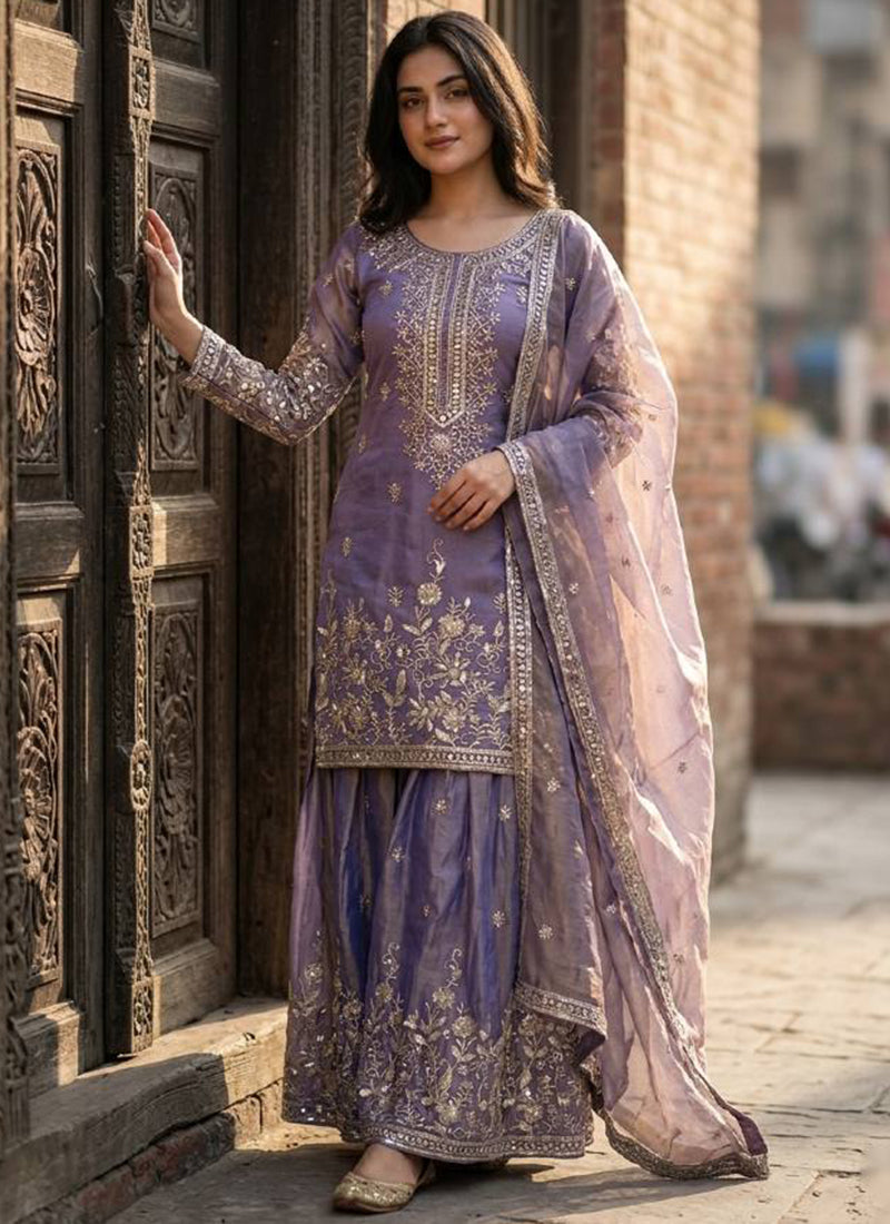 Purple Jimmy Choo Silk Embroidery Work Occasional Wear Readymade Plazzo Suit SW168458