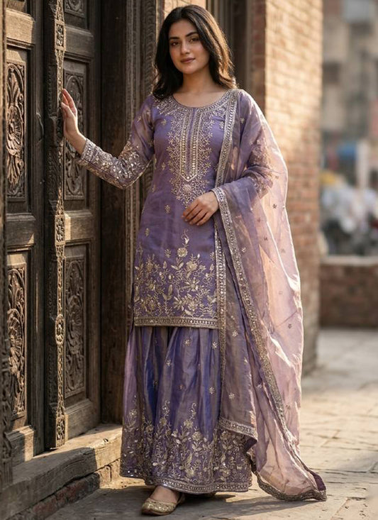 Purple Jimmy Choo Silk Embroidery Work Occasional Wear Readymade Plazzo Suit SW168458