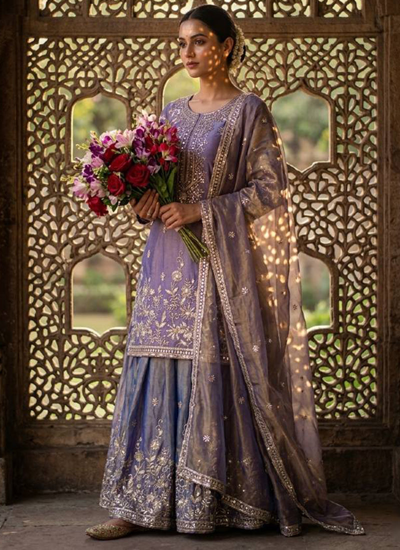 Purple Jimmy Choo Silk Embroidery Work Occasional Wear Readymade Plazzo Suit SW168458