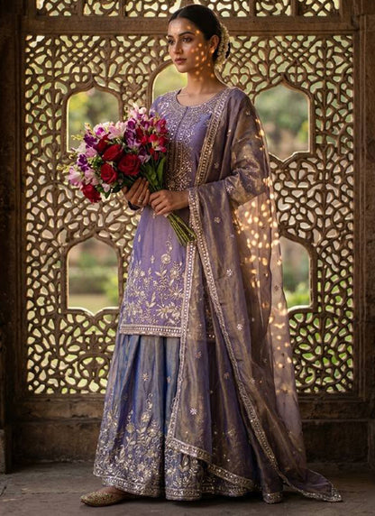 Purple Jimmy Choo Silk Embroidery Work Occasional Wear Readymade Plazzo Suit SW168458