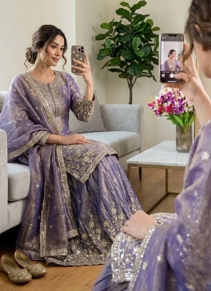 Purple Jimmy Choo Silk Embroidery Work Occasional Wear Readymade Plazzo Suit SW168458