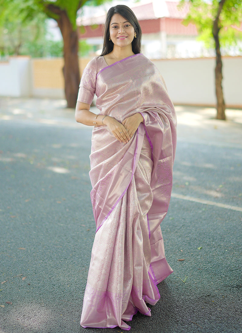 Kanchipuram Silk Purple Festive Wear Weaving Work Saree 386355