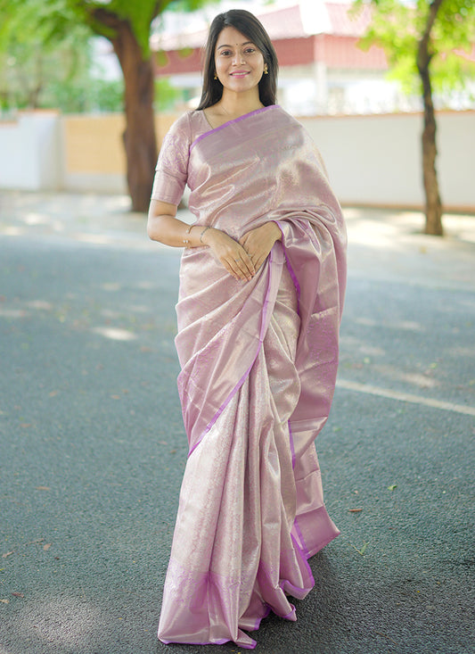 Kanchipuram Silk Purple Festive Wear Weaving Work Saree 386355