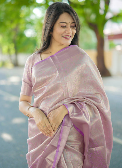 Kanchipuram Silk Purple Festive Wear Weaving Work Saree 386355