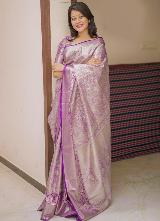 Kanchipuram Silk Purple Festive Wear Weaving Work Saree 386359