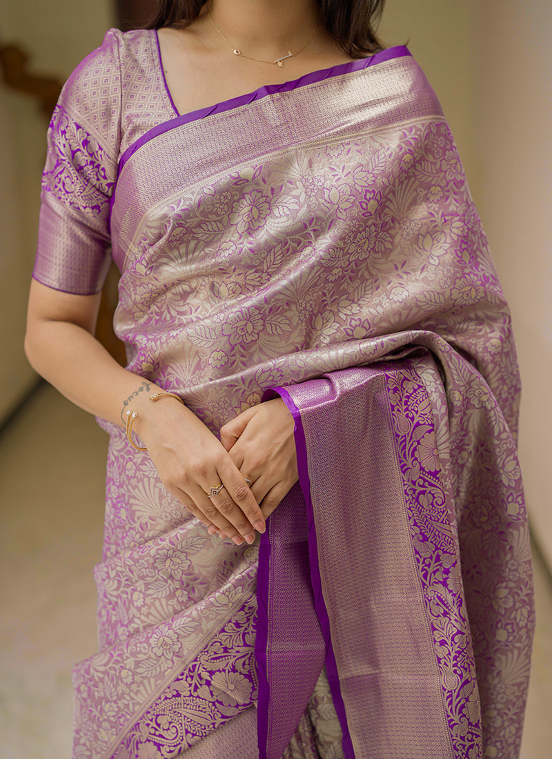 Kanchipuram Silk Purple Festive Wear Weaving Work Saree 386359