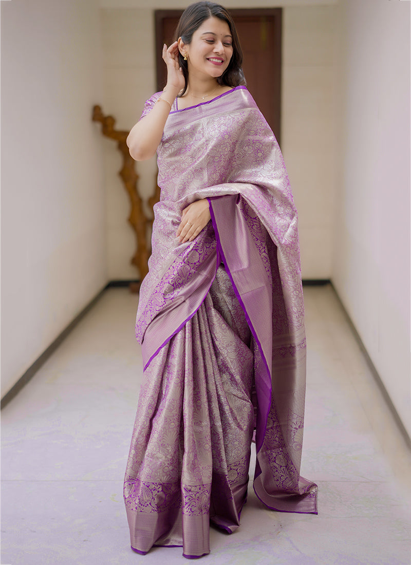 Kanchipuram Silk Purple Festive Wear Weaving Work Saree 386359