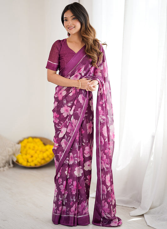Moss Satin Patta Purple Daily Wear Floral Print Work Saree 388516