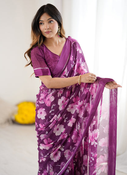 Moss Satin Patta Purple Daily Wear Floral Print Work Saree 388516