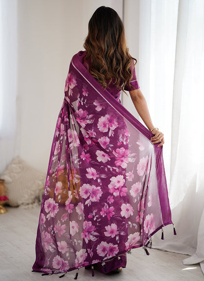 Moss Satin Patta Purple Daily Wear Floral Print Work Saree 388516