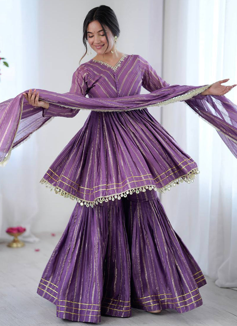 Purple Mul Chander Mirror Work Festival Wear Readymade Sharara Suit SW135452