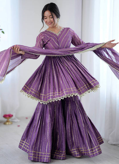 Purple Mul Chander Mirror Work Festival Wear Readymade Sharara Suit SW135452