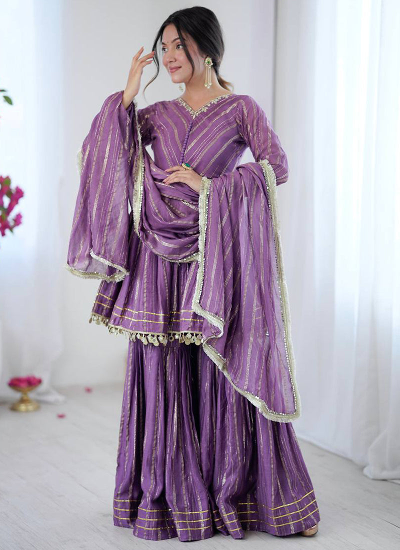 Purple Mul Chander Mirror Work Festival Wear Readymade Sharara Suit SW135452