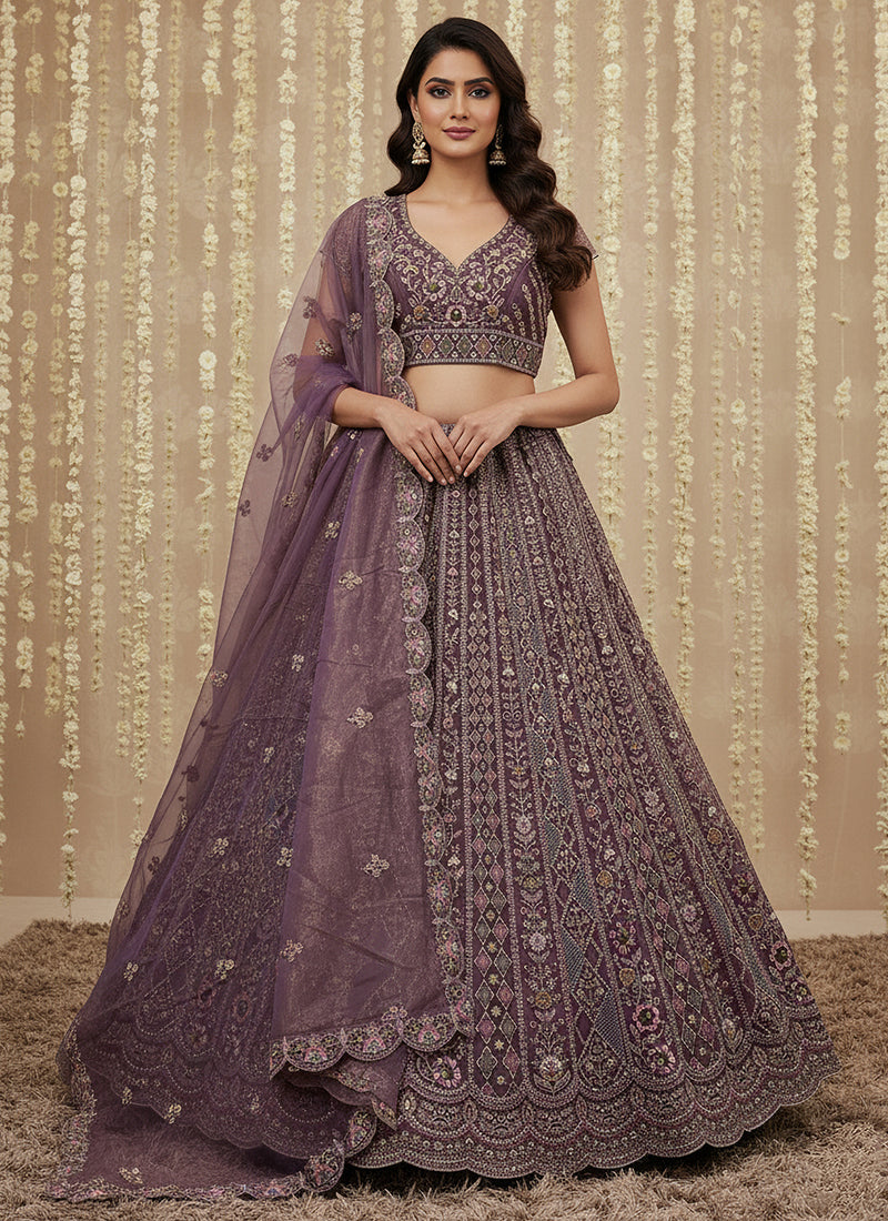 Purple Net Embroidery Work Bridal Wear Lehenga Choli SW260368