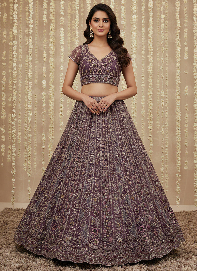 Purple Net Embroidery Work Bridal Wear Lehenga Choli SW260368