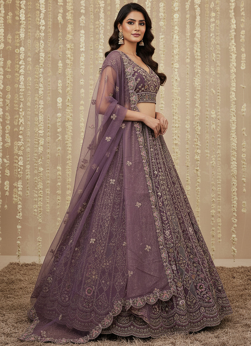 Purple Net Embroidery Work Bridal Wear Lehenga Choli SW260368