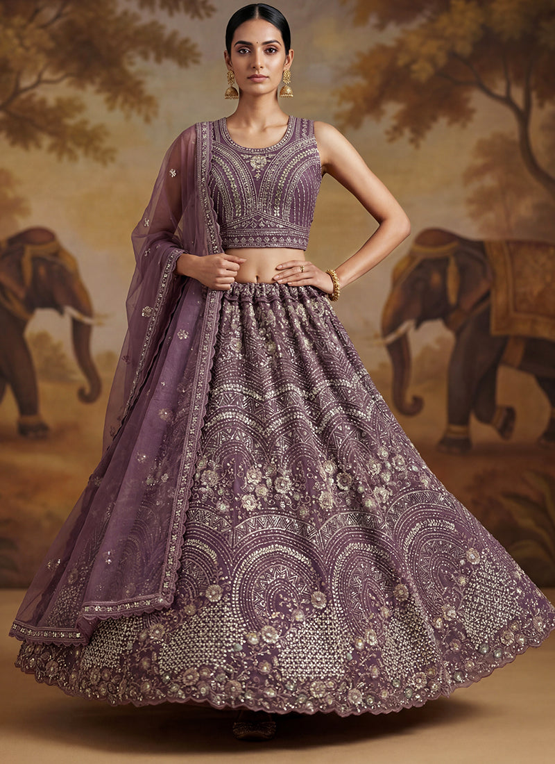 Purple Net Sequins Work Bridal Wear Lehenga Choli SW423806