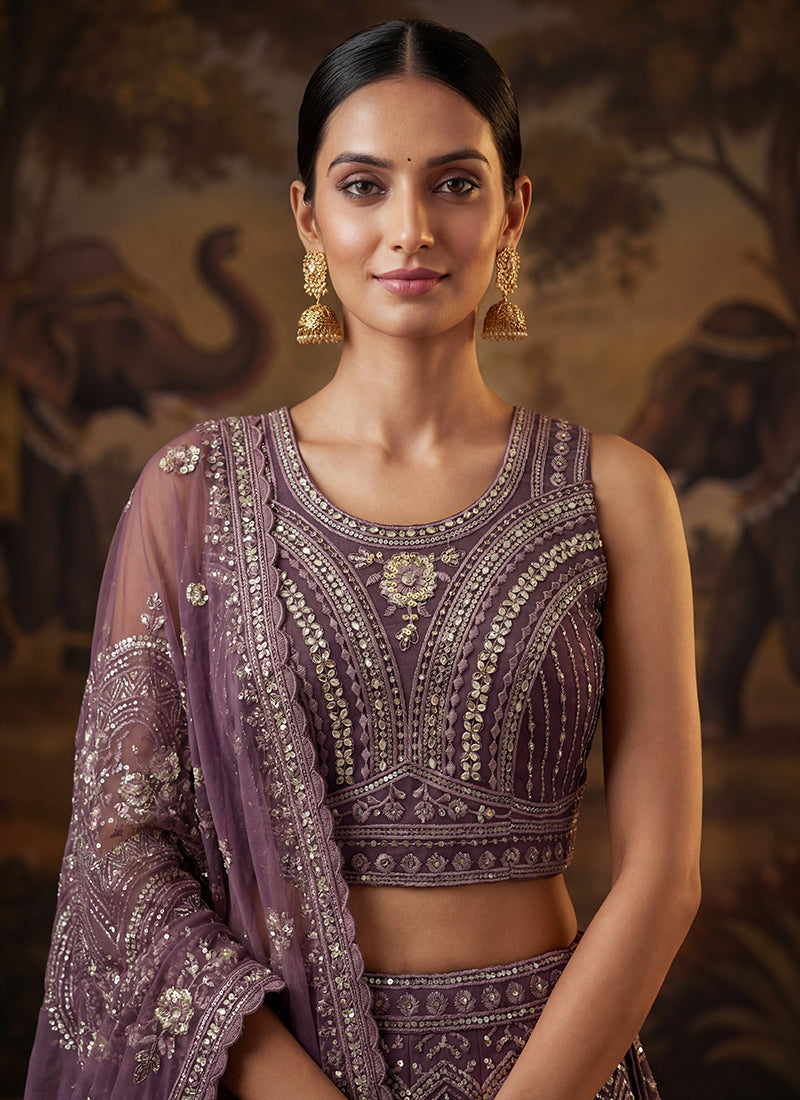 Purple Net Sequins Work Bridal Wear Lehenga Choli SW423806