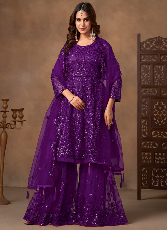 Purple Net Sequins Work  Eid Wear Sharara Suit SW452712
