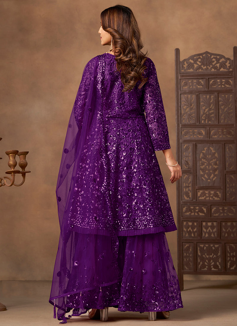 Purple Net Sequins Work  Eid Wear Sharara Suit SW452712