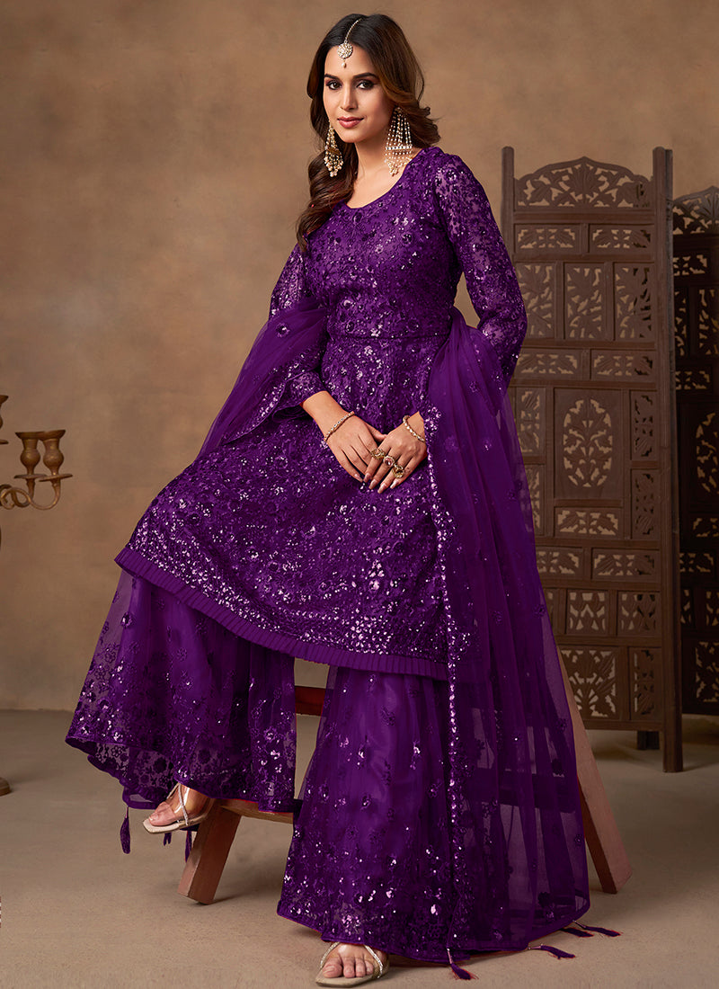 Purple Net Sequins Work  Eid Wear Sharara Suit SW452712