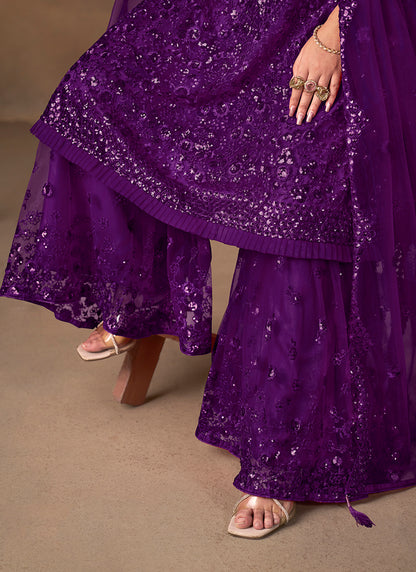 Purple Net Sequins Work  Eid Wear Sharara Suit SW452712
