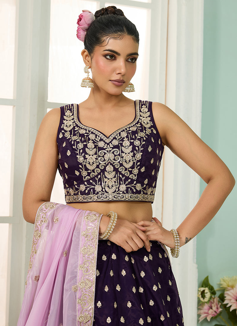 Organza Purple Designer Wear Embroidery Work Lehenga Choli 385388