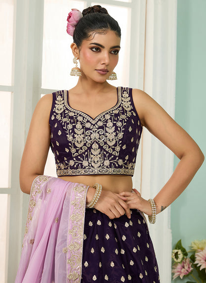 Organza Purple Designer Wear Embroidery Work Lehenga Choli 385388