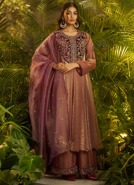 Organza Purple Wedding Wear Embroidery Work Readymade Plazzo Suit 390819