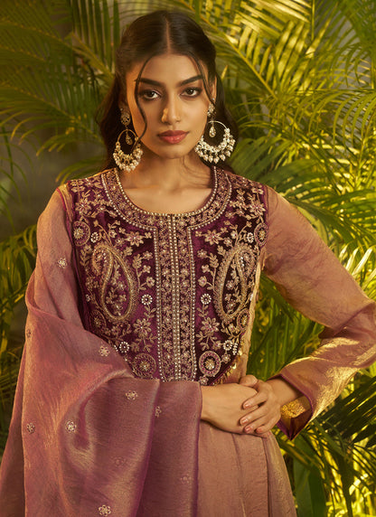 Organza Purple Wedding Wear Embroidery Work Readymade Plazzo Suit 390819